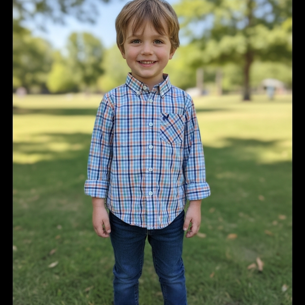 Boys' Shirt, Size 8, Blue/Orange Plaid, 100% Cotton, Long Sleeves, Casual and St